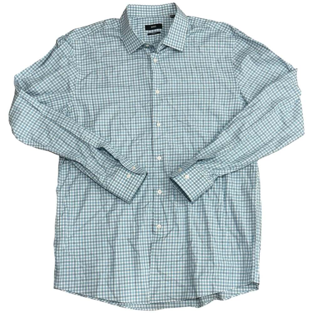 BOSS Hugo Boss Men's Sharp Fit Plaid Dress Shirt 17.5 36/37 Teal/White